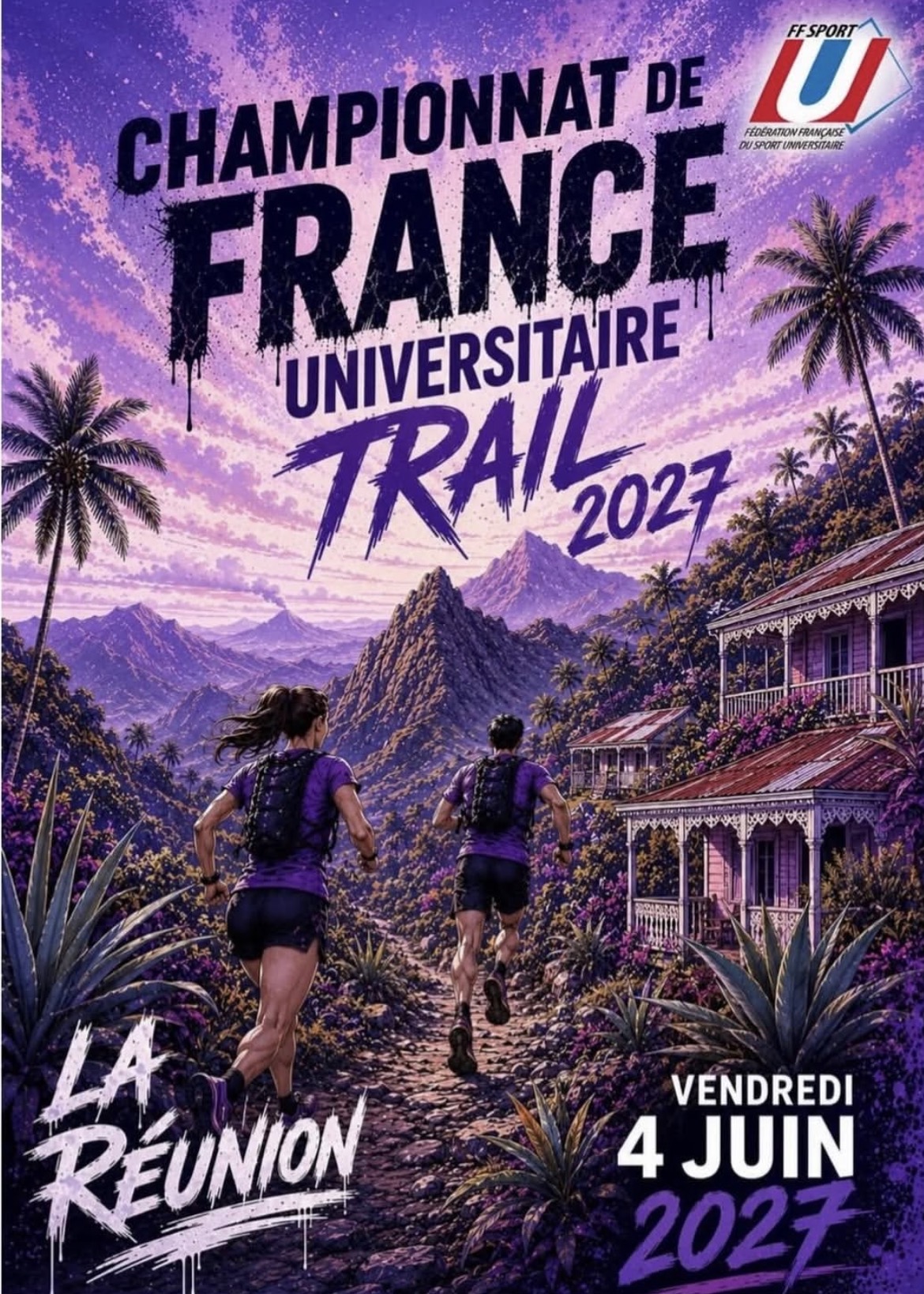 Affiche officielle du Championnat de France universitaire de trail 2027 à La Réunion